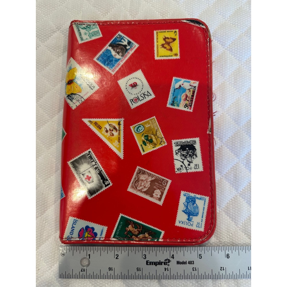 Vintage 1970s EMU Red Vinyl Postage Stamp Print Travel Case pencil holder Retro
